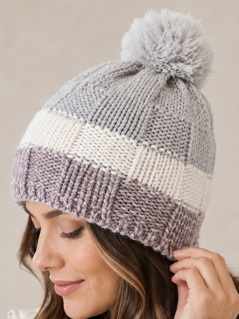 Eddie Bauer Striped Knit Pom Pom Beanie Winter Toque Grey White Purple One Size